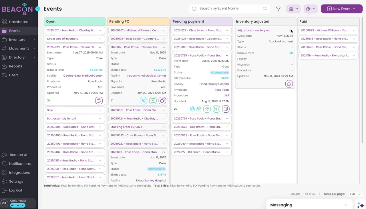 Beacon events view showing surgical case scheduling and status tracking