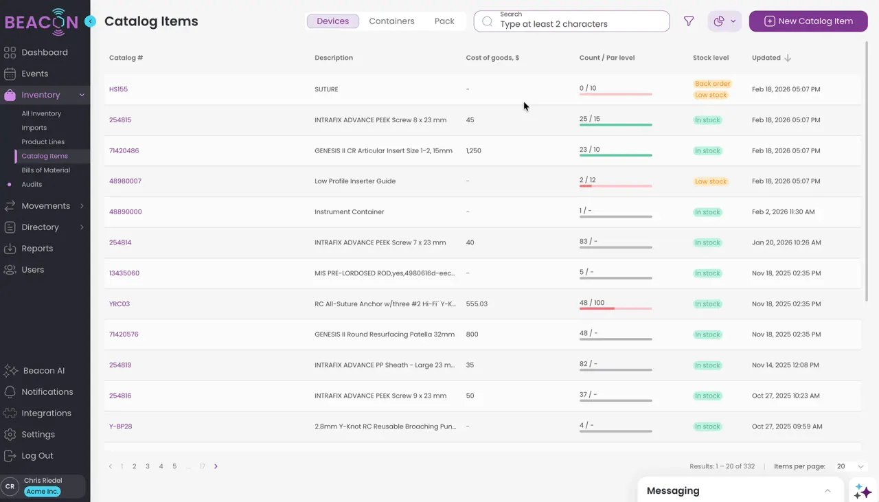 Beacon inventory detail showing device-level tracking and lot information