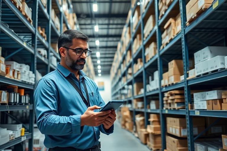 Distribution warehouse with workers scanning medical device packages